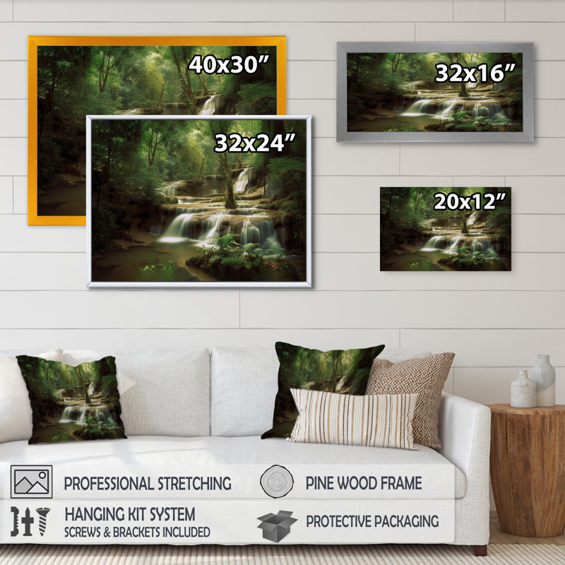 Chute d'eau dans une forêt dense II - impression, H 12 po x l 20 po x P 1 po, Toile tendue