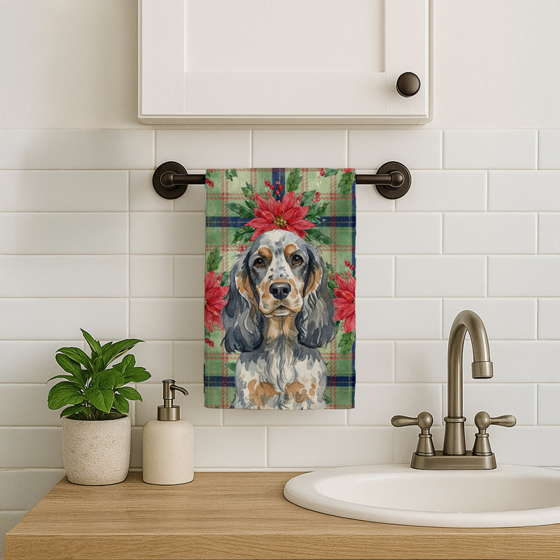 Blue Roan & Tan English Cocker Spaniel Christmas PoinsettIas Kitchen Towel, Blue Roan/Tan English Cocker Spaniel