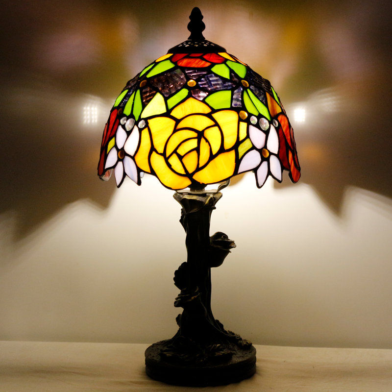 Small Tiffany Table Lamp Stained Glass Desk Lamp Red Yellow Rose Style Bedside Desk Light Mini Accent Desk Memory Lamp 8X15 Inch