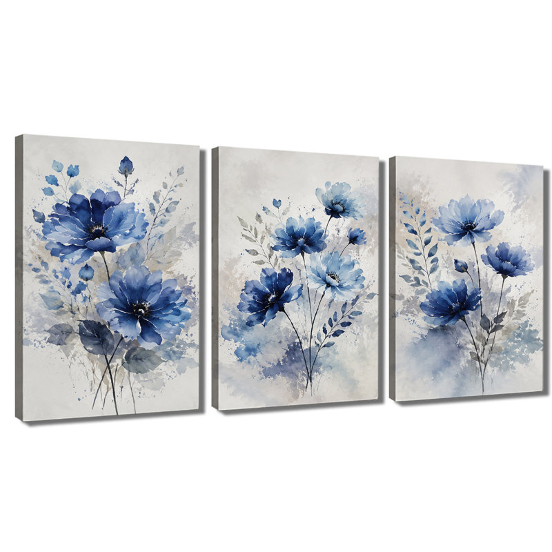 Tableau mural à 3 panneaux, aquarelle florale bleue, impression sur toile tendue pour salon, 28 * 40 pouces * 3