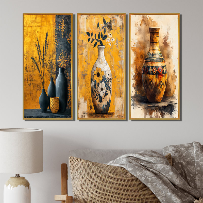 Art contemporain jaune Boho Pottery I - Boho Pottery Decor Wall Art Collection, H 28 po x l 36 po, Doré