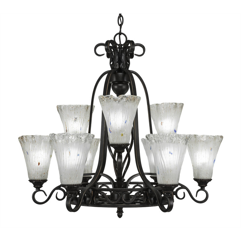 Lustre suspendu 9 lumières Pierro Eleganté, fini granit foncé avec verre en cristal cannelé de 5,5 po, Gelé
