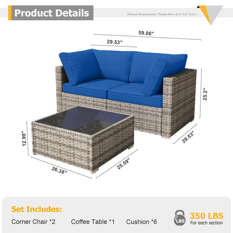3-person Outdoor Sectional With Cushions,all-weather Wicker Patio Set, Navy