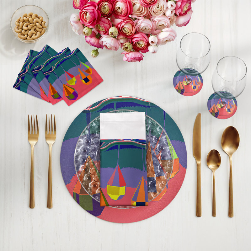 Ornaments Cotton Sateen Dinner Napkins, Coral Teal