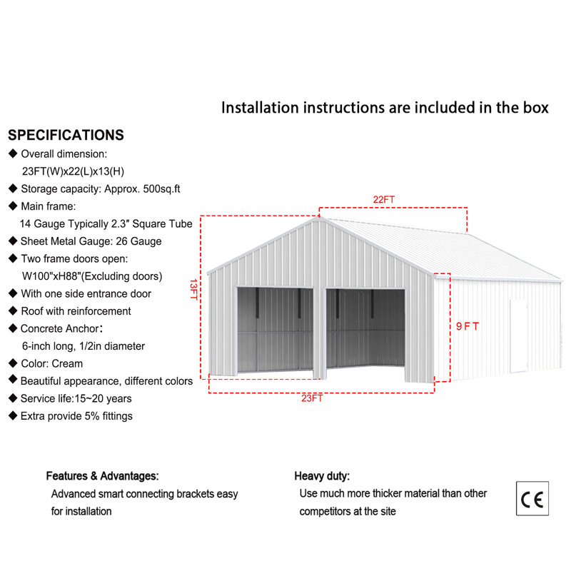 22FT x 23 FT Double Garage Steel Barn Shed – Cream Heavy Duty Metal Garage Storage Shed - The customer must have unloading capabilities, such as a forklift or crane