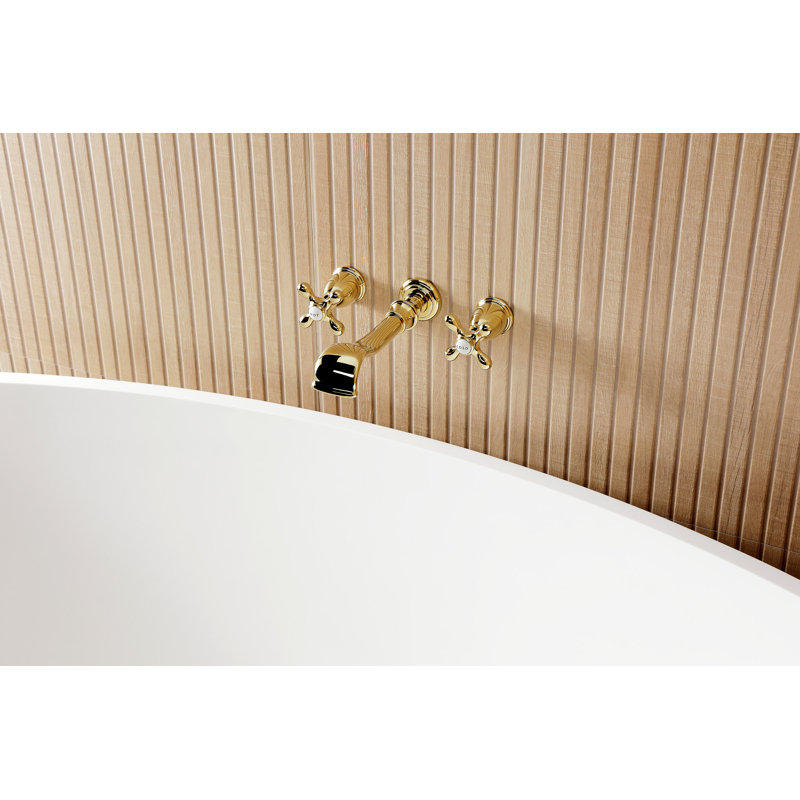Kingston Brass Two-Handle 3-Hole Wall Mount Roman Tub Faucet, Polished Brass, Cross