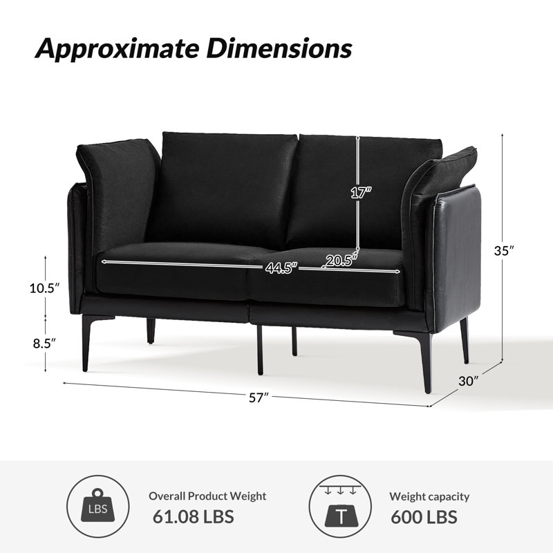 57" W Upholstered Loveseat with Metal Frame , Black