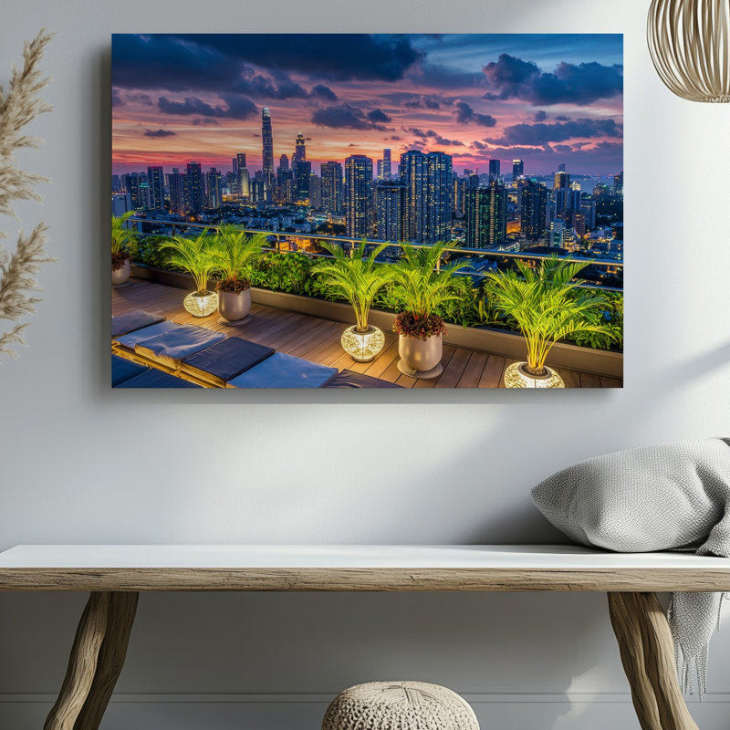 Reproduction d'art sur toile, une scène de toit vibrante surplombant un paysage urbain tentaculaire au coucher du soleil