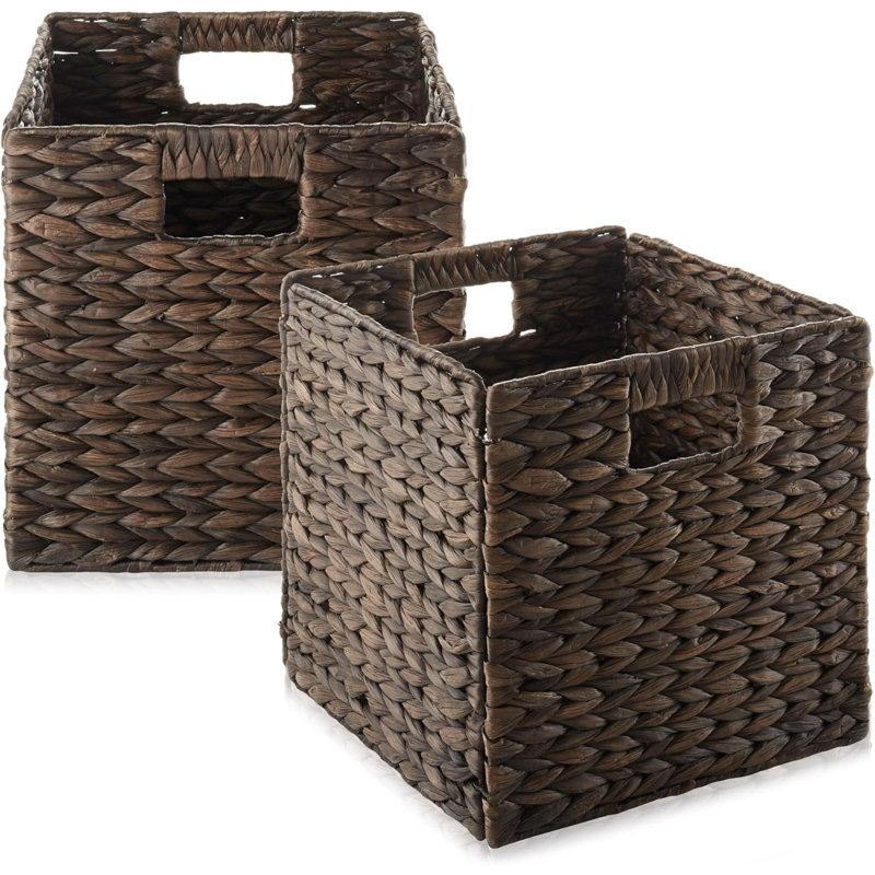 Paniers de rangement Water Hyacinth, espresso - ensemble de 2 organisateurs de cubes pliables, bacs tissés pour salle de bain, chambre à coucher, buanderie, garde-manger, tablettes