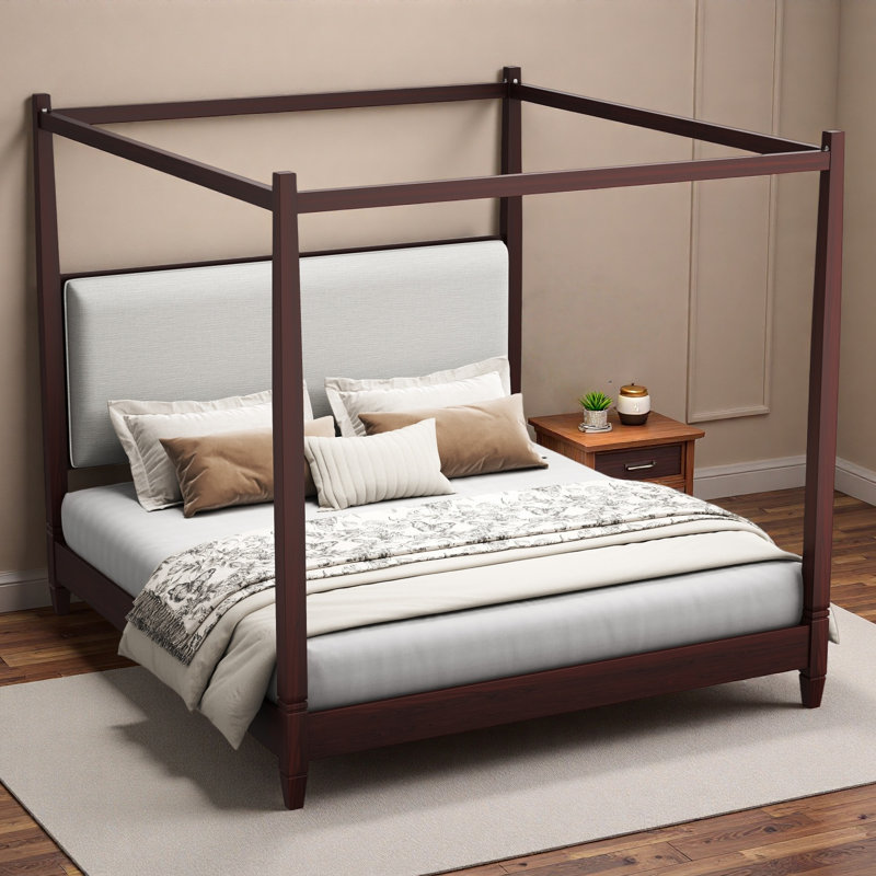 Lit plateforme à baldaquin avec tête de lit tapissier et pieds robustes, Très grand lit, Espresso