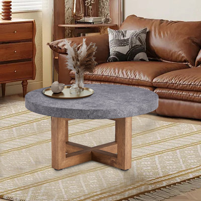Minimalist wooden coffee table with faux marble top and wooden base for the living room