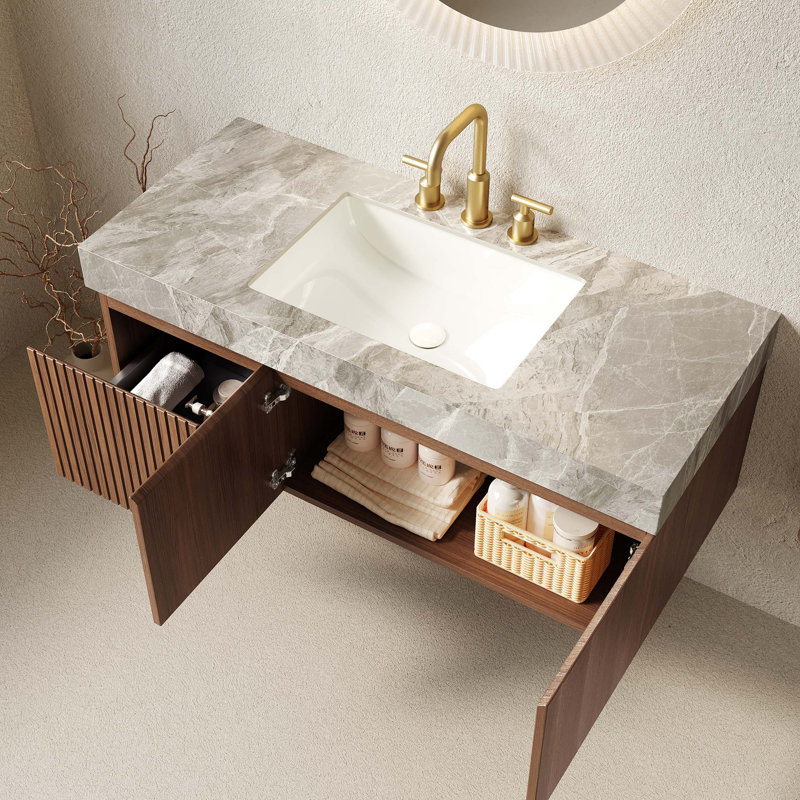 Meuble-lavabo 48 po avec lavabo en contreplaqué flottant avec tiroir et portes, comptoir en pierre frittée et vasque en céramique avec 3 trous de robinet pré-percés, pré-assemblé