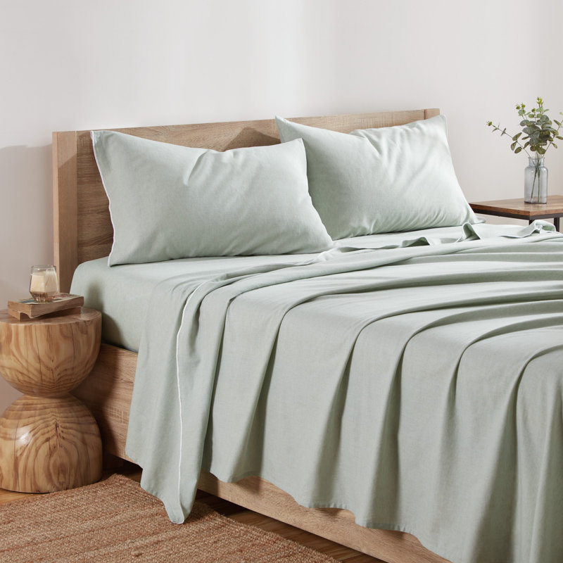 Washed Linen Cotton Blend 4 Piece Sheet Set, Cal.King Sheet Set with 2 Pillowcases, Sage