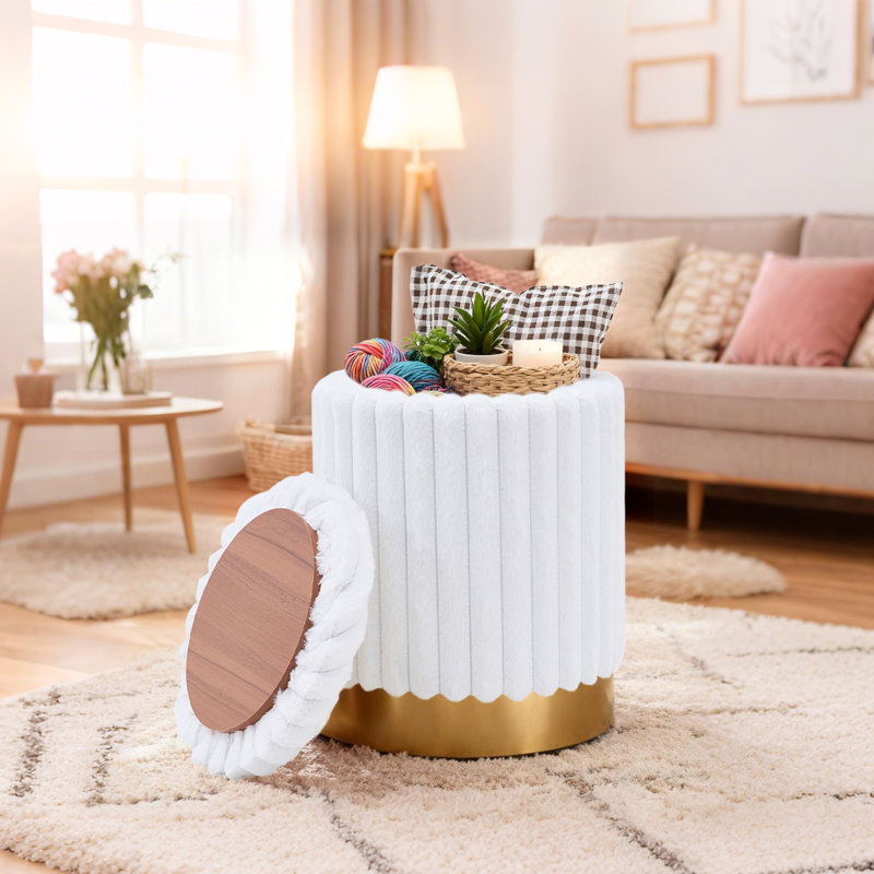 Repose-pieds rond en velours avec rangement, Blanc