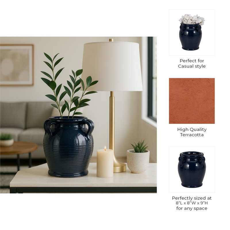 Ceramic/Porcelain Table Vase, 9" H x 8" W x 8" D, Glossy Blue
