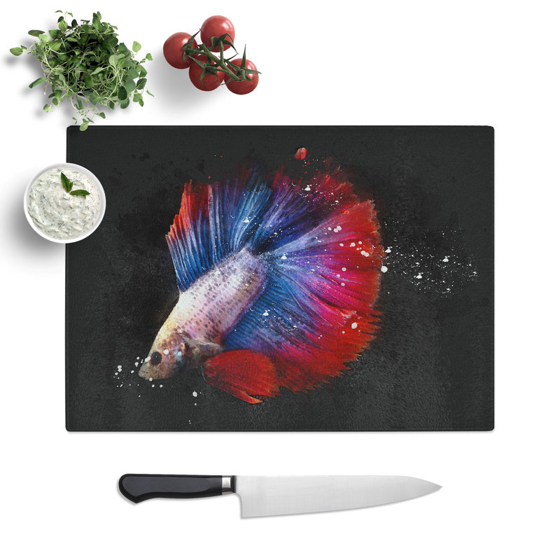 Tempered Glass Siamese Fighting Fish Chopping Board, 28.5 cm x 39 cm