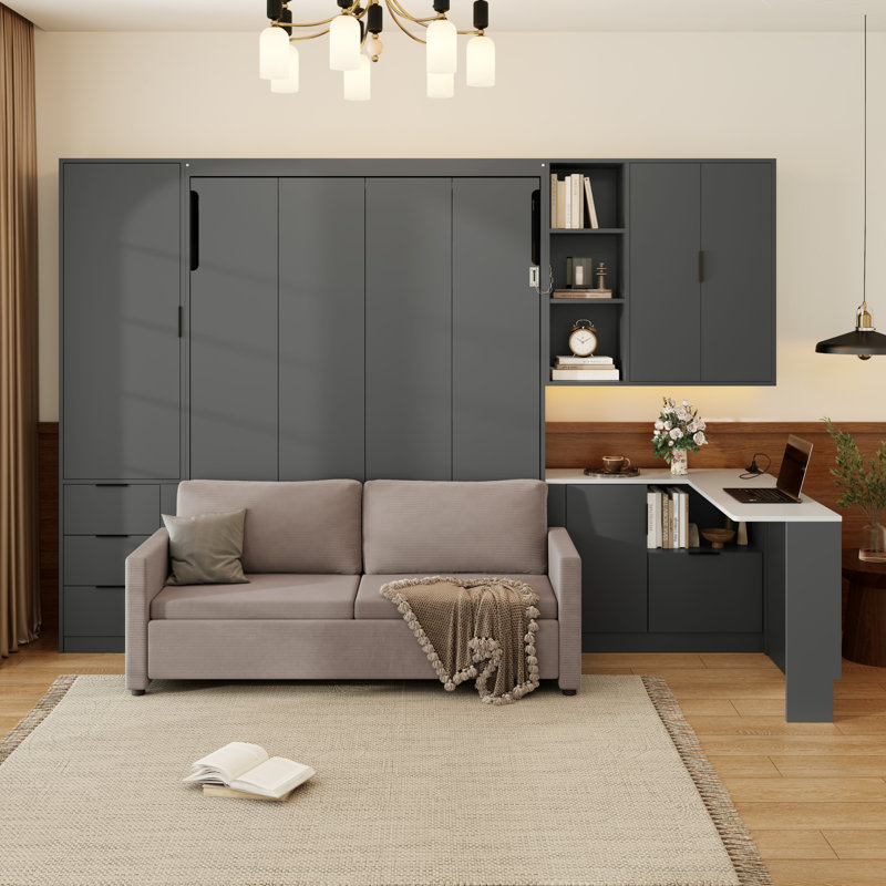 Grand lit escamotable mural avec rangement hydraulique, canapé, tablettes et tiroirs, éclairage DEL / USB, panneau gris foncé, canapé beige