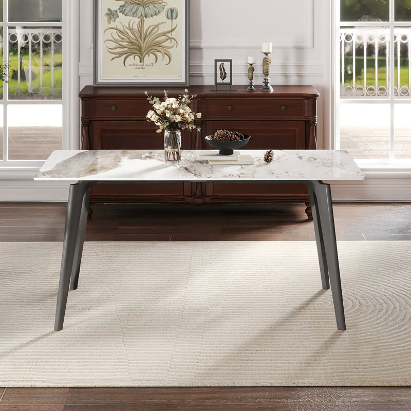 Table de salle à manger 62,99 po en pierre artificielle moderne à bord droit gris foncé et pieds en métal gris foncé pouvant accueillir 6 personnes (table de salle à manger seulement)