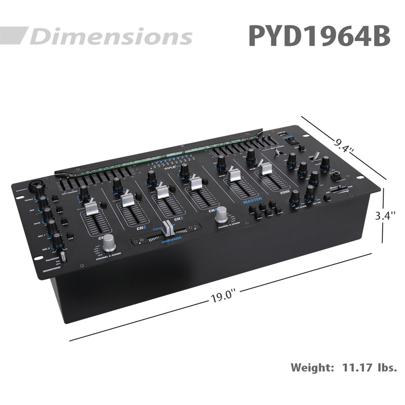 Pyle 6 Channel Mixer, Bluetooth DJ Controller, Stereo Mixer, Professional Sound System, LED Illumination, Mixer Digital Audio, Digital Mixing System, Speed Control, 5U Rack Mount System (PYD1964B)
