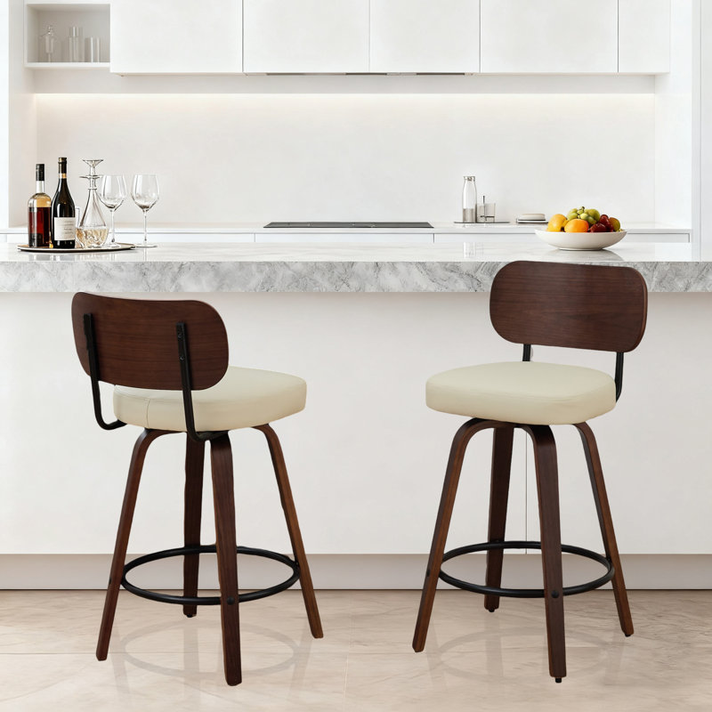 Set of 2 Mid-Century Modern Swivel Bar Stools - 26" Counter Height Faux Leather Stools with Walnut Back & Bentwood Legs for Kitchen Island, Home Bar