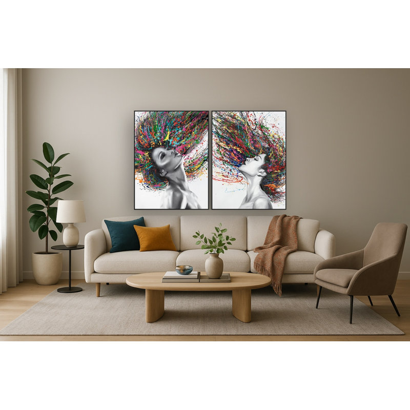 Art mural sur toile Vivid Muse: Dual Color Splash Portraits - Cadre noir