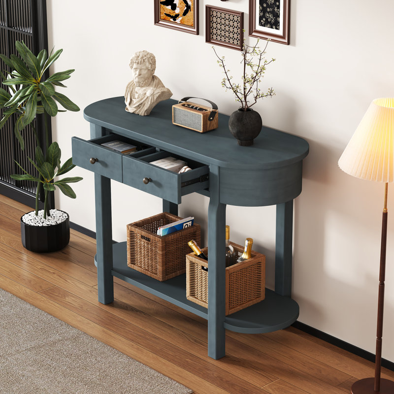 Elegant Retro Console Table With Curved Design And Smooth Glaze, Navy