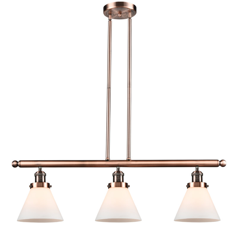 Cone 3 Light Stem Hung Island Light, Matte White Cased, 36" H x 36" W x 5" D, Antique Copper