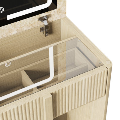 Ensemble de coiffeuse en bois avec miroir rabattable et 3 modes d'éclairage réglables
