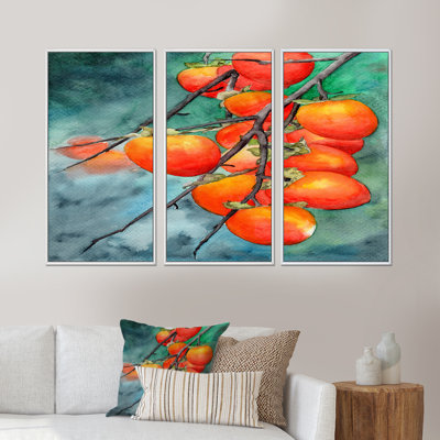 Ripe Persimmons on Branches on Green - 3 pièces, reproduction sur toile