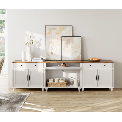 Buffet avec 2 tiroirs, 4 portes et 2 tablettes ouvertes, conception de grain de bois rétro, armoire de buffet avec 8 rangements, café pour la salle à manger, la cuisine et le salon, blanc, 105 pouces