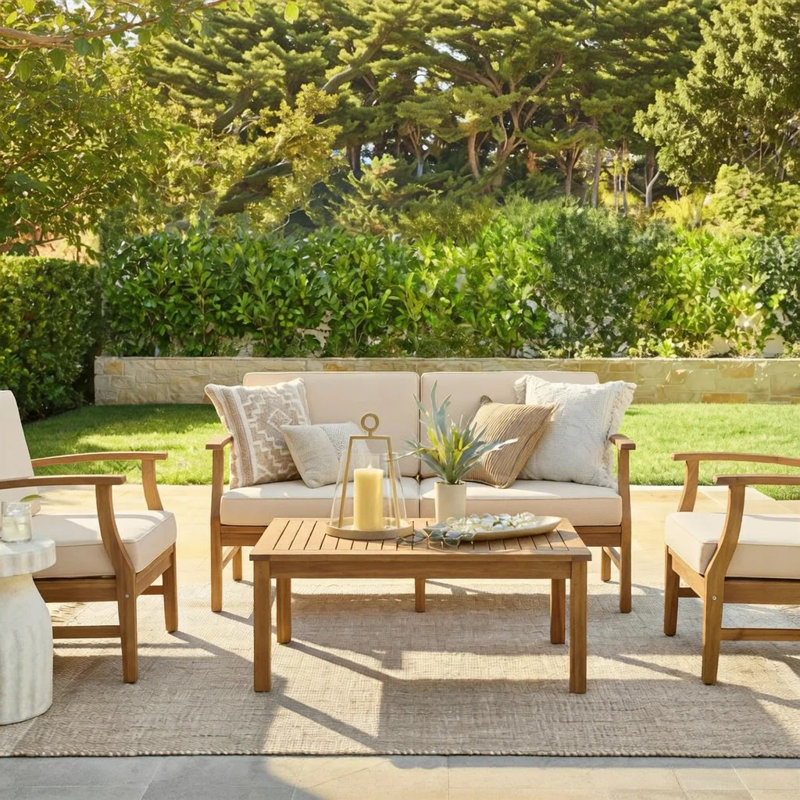 Theodore Acacia 4-Person Patio Conversation Set with Cushions, 35''Wx35''Dx18''H, Cream