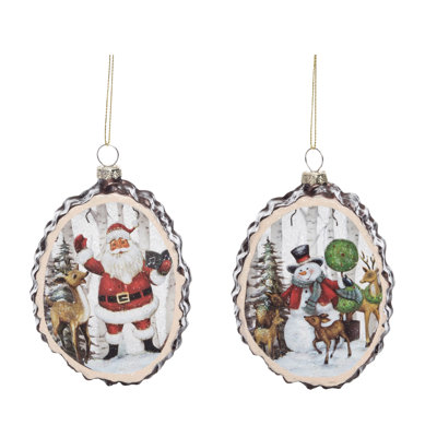  Glass Woodland Santa/Snowman Scene Ornament Set of 2 Christmas Home Decorations