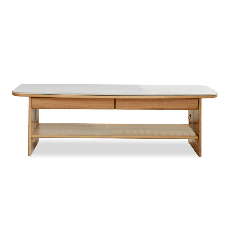 White + Burlywood Sintered Stone + Solid Wood Rectangular Coffee Table, 15.75" H x 43.31" L x 21.65" W