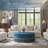 Upholstered Cocktail Ottoman Large Coffee Table for Living Room, 40 Inch Modern Round Cushioned Tassel Center Table Blue Compression