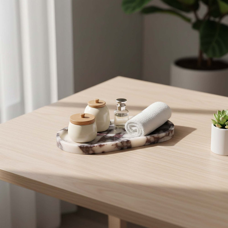 Natural Marble Vanity Tray Oval Decorative Tray for Bathroom Kitchen Dresser Non-Slip Pad Modern Organizer