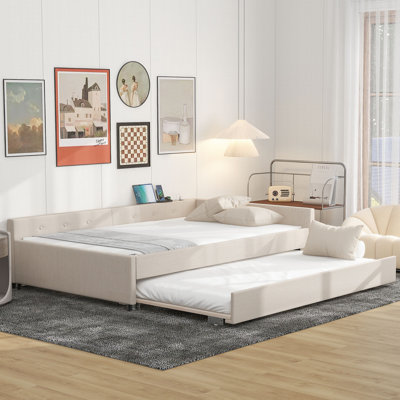 Queen Size Upholstered Platform Bed with USB Ports & Twin Trundle, Linen Fabric, Beige by Office Furniture Concepts, Inc.