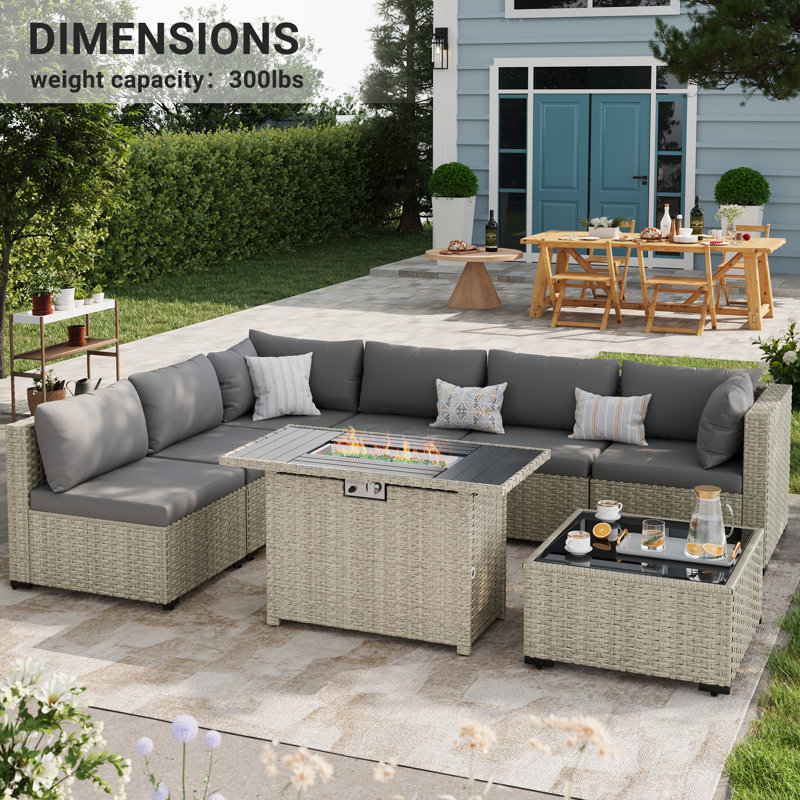 7 Pieces Design-Oriented Rattan Patio Conversation Sets With Fire Pit, Gray