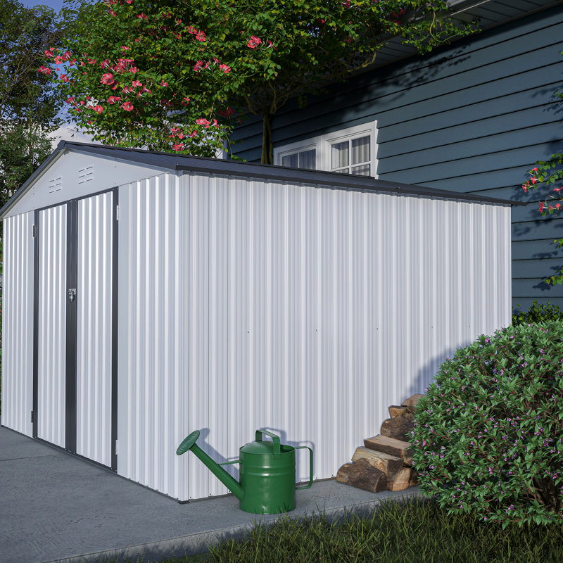 Lockable Door Galvanized Steel Shed - 10X8 Ft For Outdoor Storage, Garden, Patio, Lawn, Grey Lawn Doors, Backyard, White