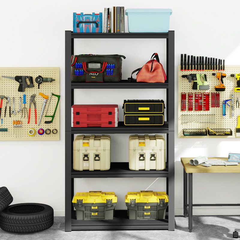 Support de rangement en métal noir de 87 po avec 5 tablettes réglables - Robuste pour le garage, le sous-sol et la salle à outils