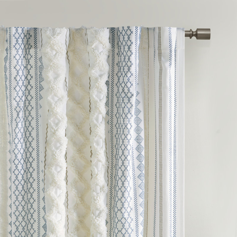 Ivory and Navy Cotton Chenille Stripe Light-Filtering Curtain Panel