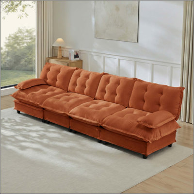 4-Seater Cloud Sofa, Modular Sectional Couch, Modern Deep Seat Sofa for Living Room, Comfy Lattice Decored Seat Cushion, Breathable Chenille Fabric