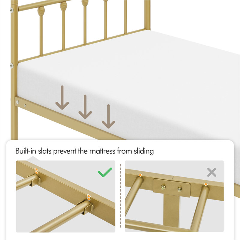 Antique Gold Full Metal Platform Bed with Headboard and Footboard