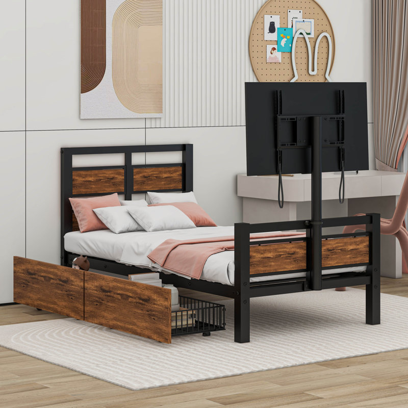 Metal Twin Platform Bed with Two Storage Drawers and Rotatable TV Stand, Black