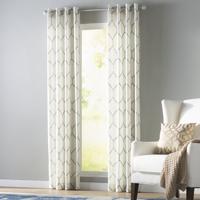 Gray Geometric Embroidered Light-Filtering Curtain Panel
