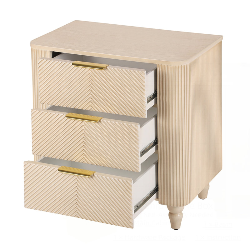 Table de chevet 3 tiroirs Mid-Century, Champagne