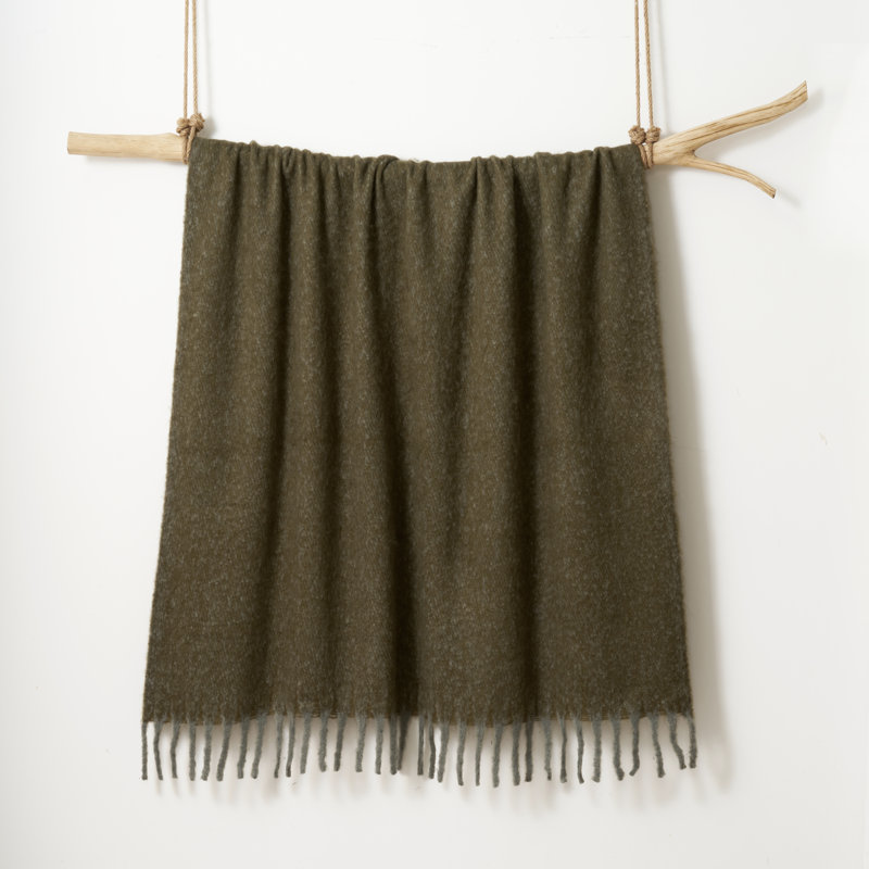 Faux Mohair Throw - Soft Fringed Blanket, Moss Green