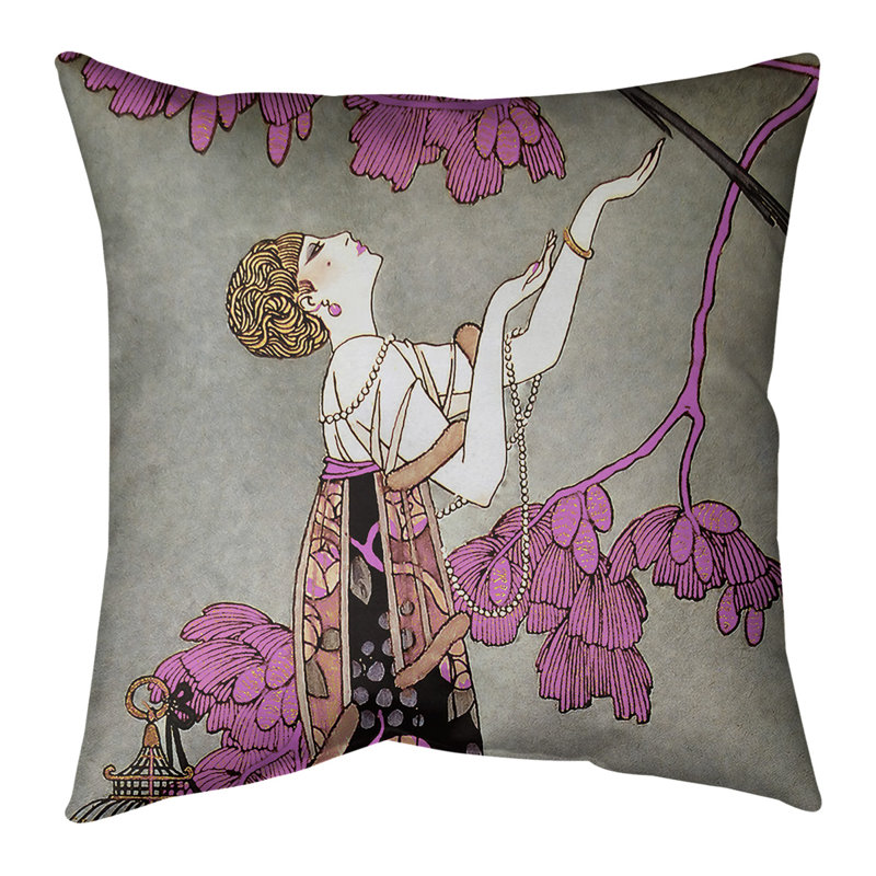 Coussin George Barbier, 26 po x 26 po, Housse de coussin seulement, Rose / Gris