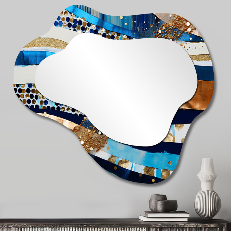 Blue Sparkling Gold Current - Abstract Waves Asymmetrical Shapes - Modern Large Wall Mirror, 25" x 28"