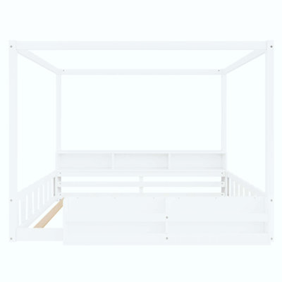 Lit au sol Montessori avec barrière et garde-corps, cadre de lit au sol pour enfants avec bibliothèque et étagères de rangement intégrées, lit à baldaquin en bois à lattes pour garçons et filles
