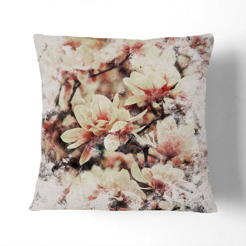A Pink Magnolia Blossom Tree Watercolour Square Throw Cushion, 40cm H x 40cm W x 15cm D